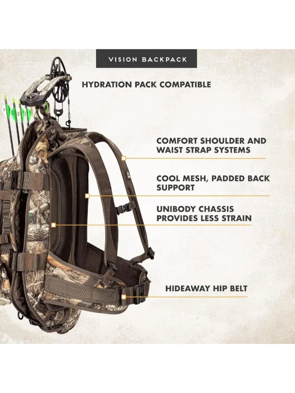 Camouflaged Vision Bow Pack - Lightweight Hunting Backpack, Realtree EDGE Design